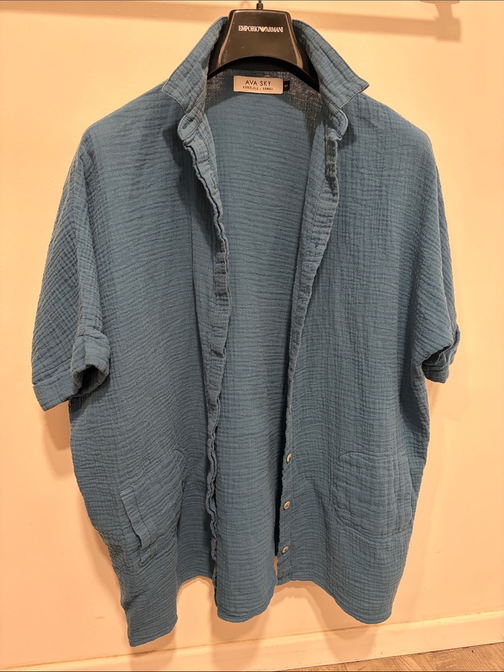 Ava Sky Textured Short-Sleeve Open Front Blouse in Dusty Blue